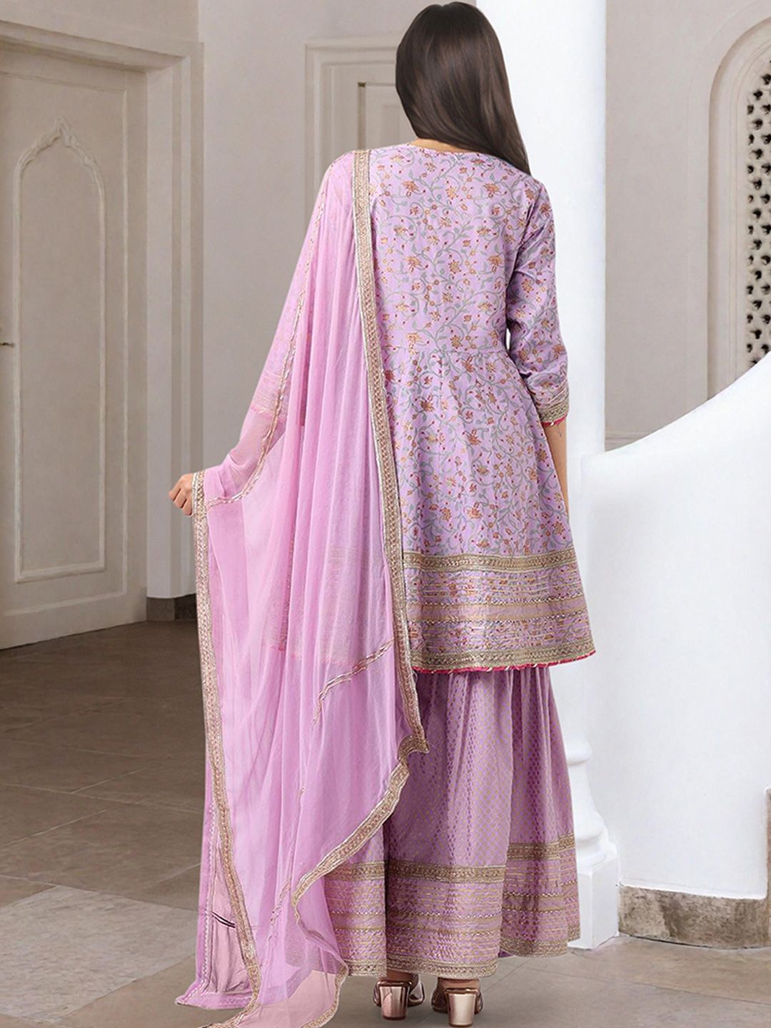 Rich Lilac Cotton Gotta Patti Anarkali Kurta Set With Sharara Bottom & Solid Cotton Dupatta