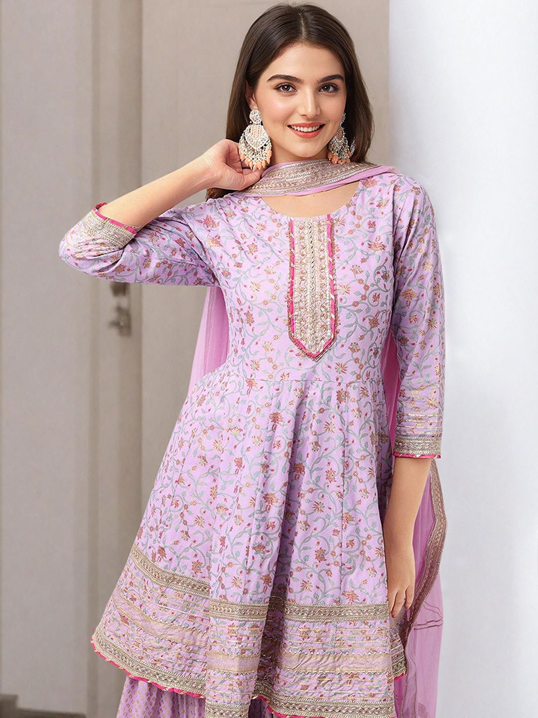 Rich Lilac Cotton Gotta Patti Anarkali Kurta Set With Sharara Bottom & Solid Cotton Dupatta