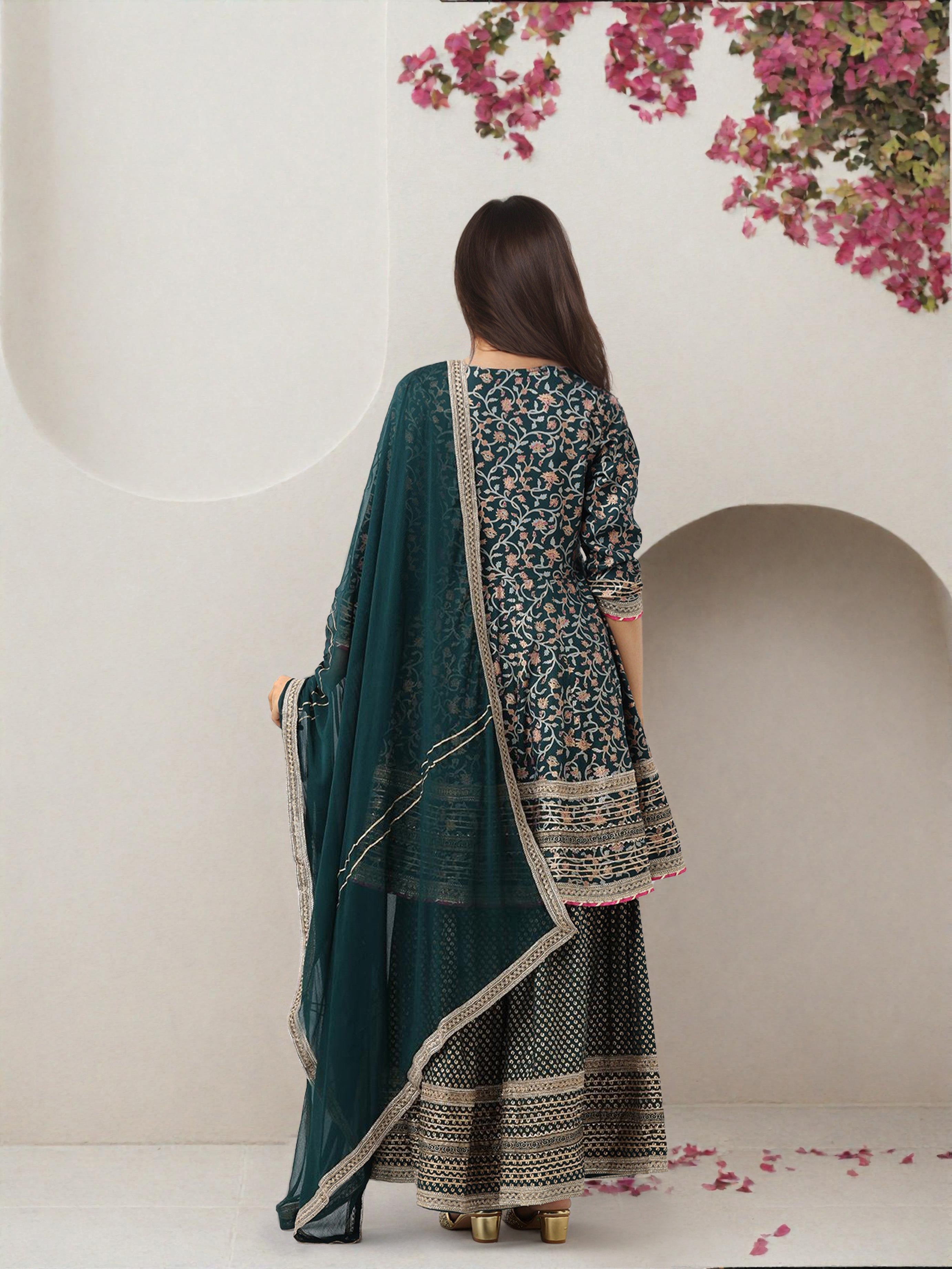 Rich Green Cotton Gotta Patti Anarkali Kurta Set With Sharara Bottom & Solid Cotton Dupatta