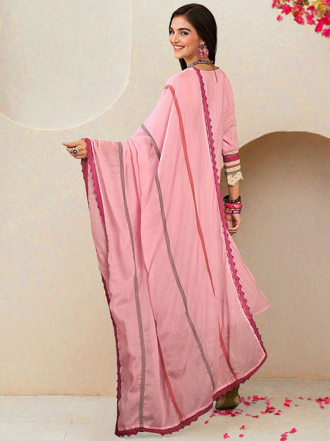Rich Pink Cotton Embroidered A-Line Kurta Set With Straight Bottom & Laced Cotton Dupatta