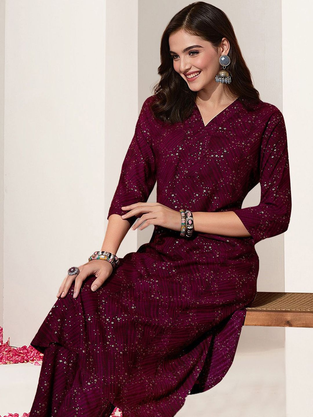 Rich Maroon Rayon Sequinned Straight Fit Kurta Set With Straight Bottom