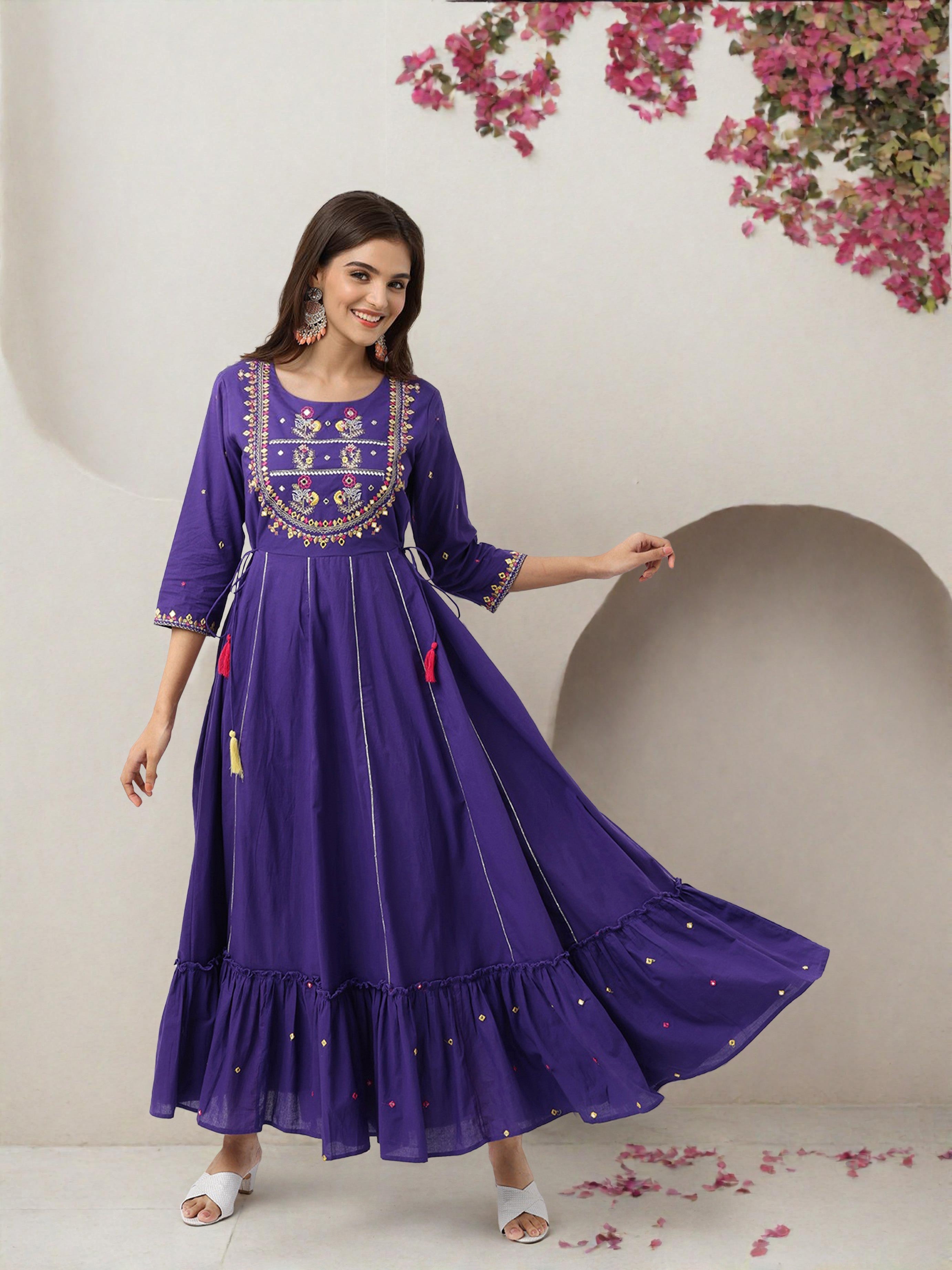 Rich Purple Cotton Embroidered Fit & Flare Dress