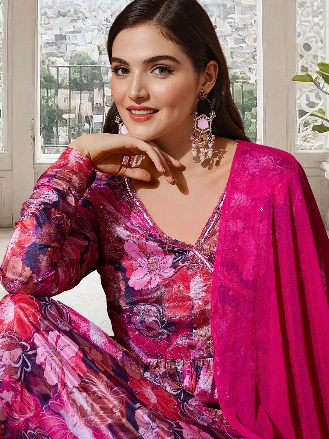 Rich Multi-Colored Chinon Sequinned Printed Angrakha Kurta Set With Straight Bottom & Solid Dupatta