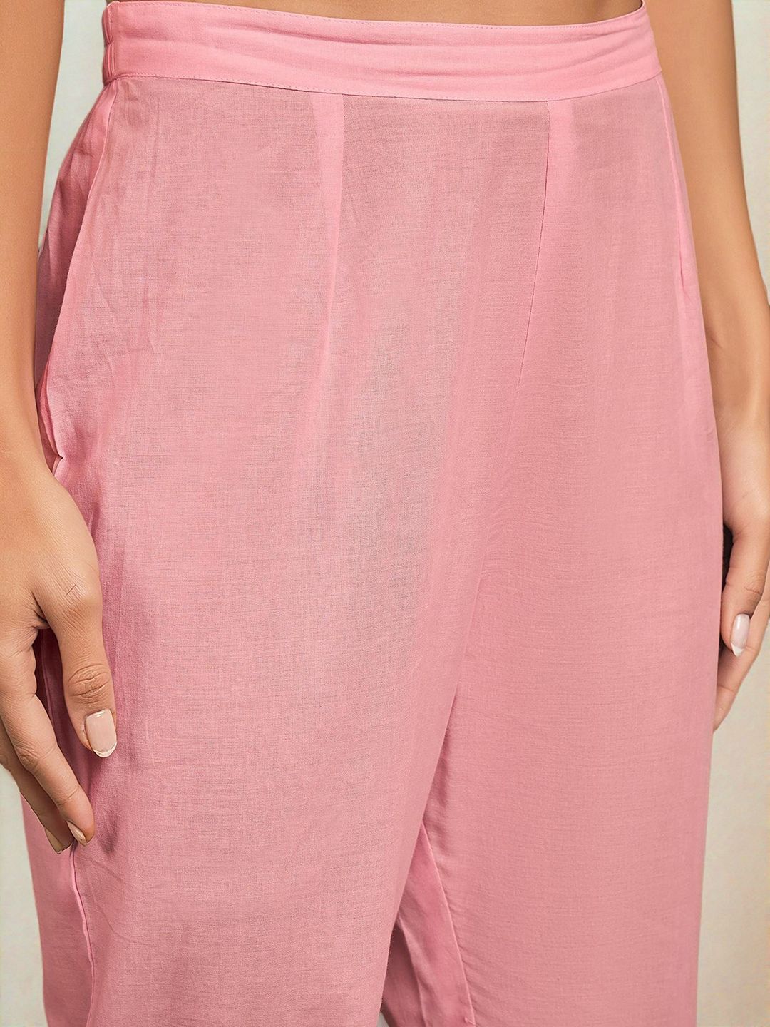 Rich Pink Cotton Embroidered A-Line Kurta Set With Straight Bottom & Laced Cotton Dupatta