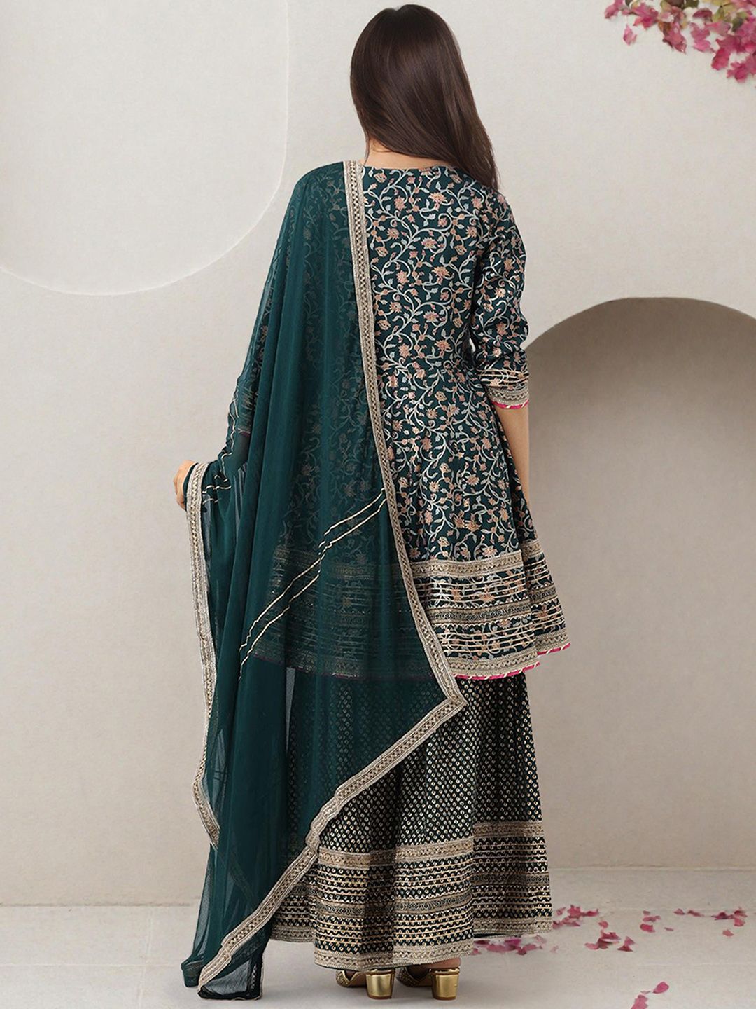 Rich Green Cotton Gotta Patti Anarkali Kurta Set With Sharara Bottom & Solid Cotton Dupatta