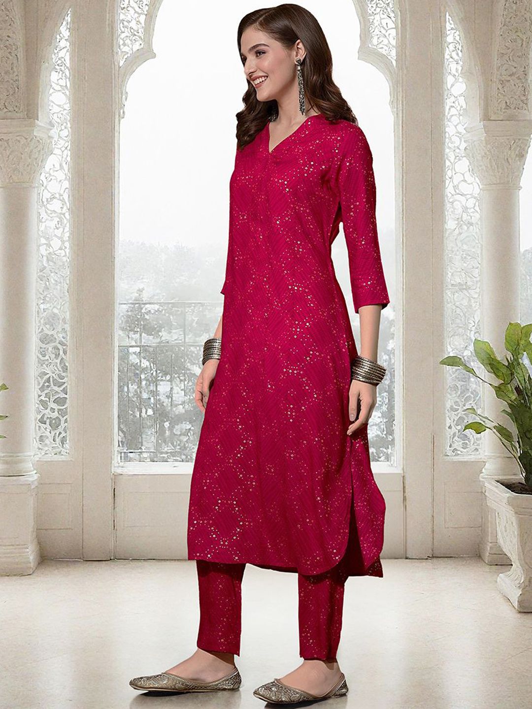 Rich Pink Rayon Sequinned Straight Fit Kurta Set With Straight Bottom
