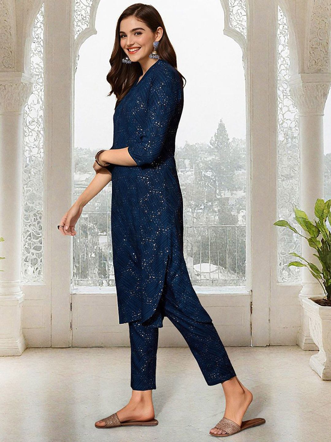Rich Navy Rayon Sequinned Straight Fit Kurta Set With Straight Bottom