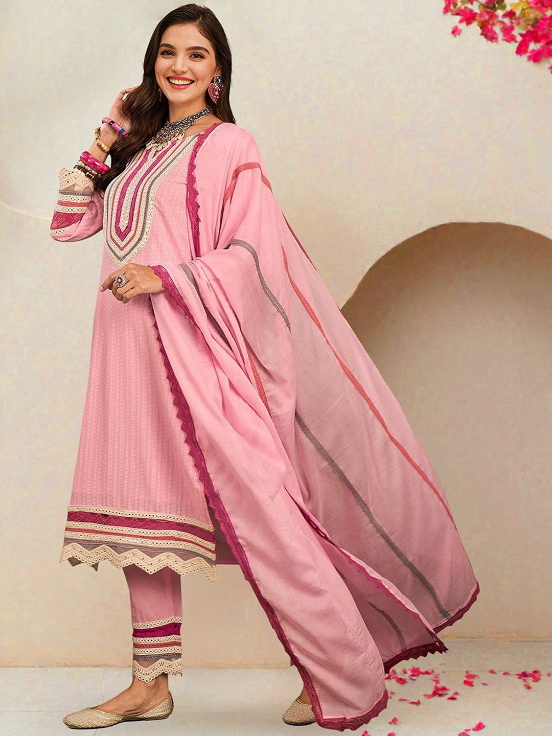 Rich Pink Cotton Embroidered A-Line Kurta Set With Straight Bottom & Laced Cotton Dupatta